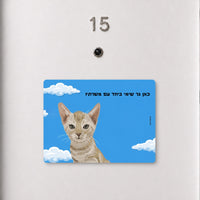 שלט לדלת עם איור חתול על רקע שמיים ועננים וכיתוב אישי, עבודת יד של Kopi Blok