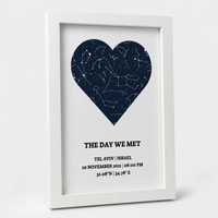 מפת כוכבים בעיצוב אישי דגם Deep Blue Heart – תקריב על מיקום הכוכבים והתאריך המדויק